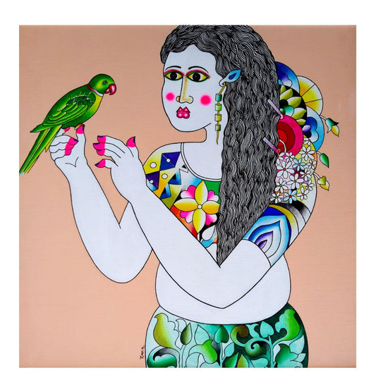 Contemporary Original Indian Art : Parrot with Girl