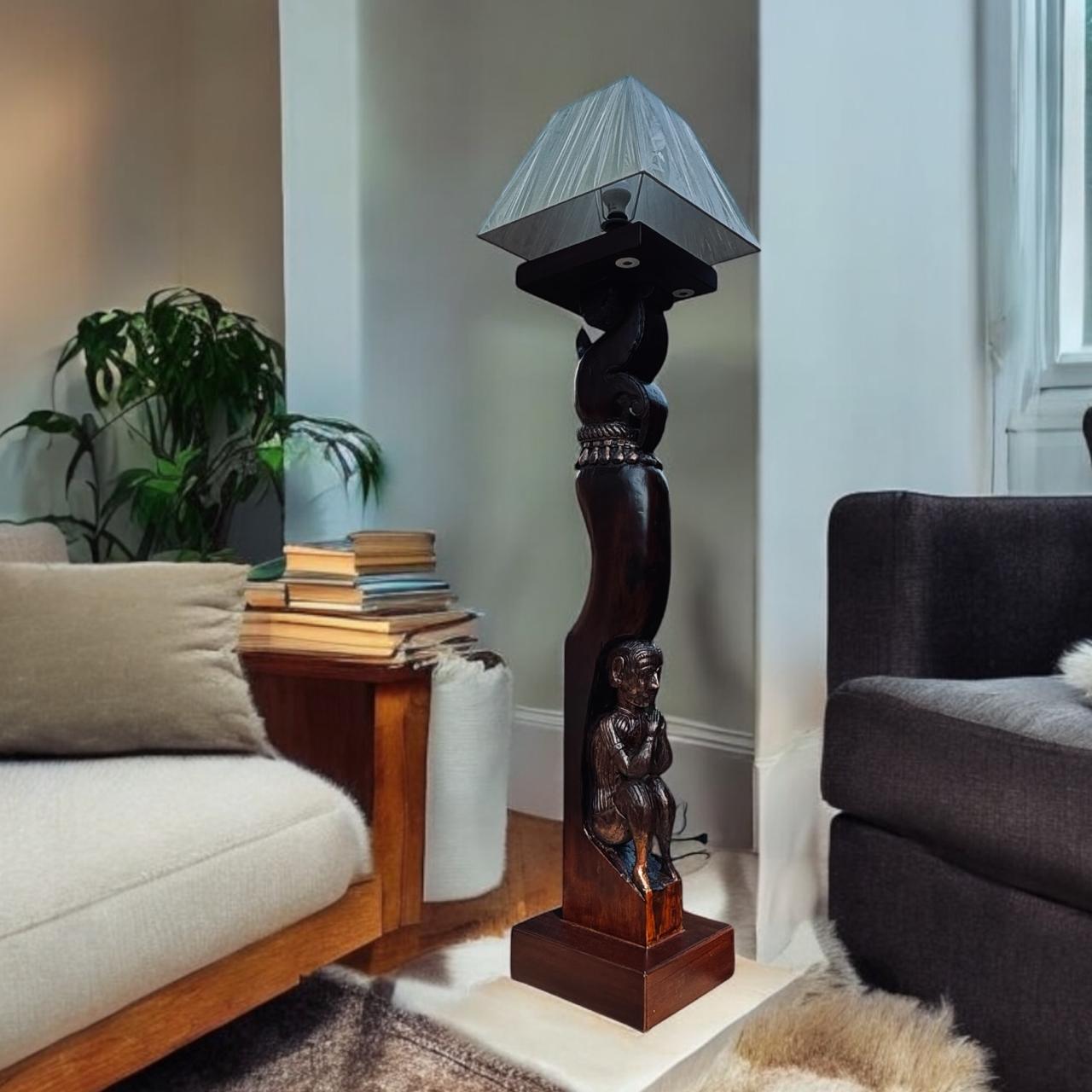 Tall Wooden  Floor lamp with Vintage Panel  : Noor 43 ( Shade Included)