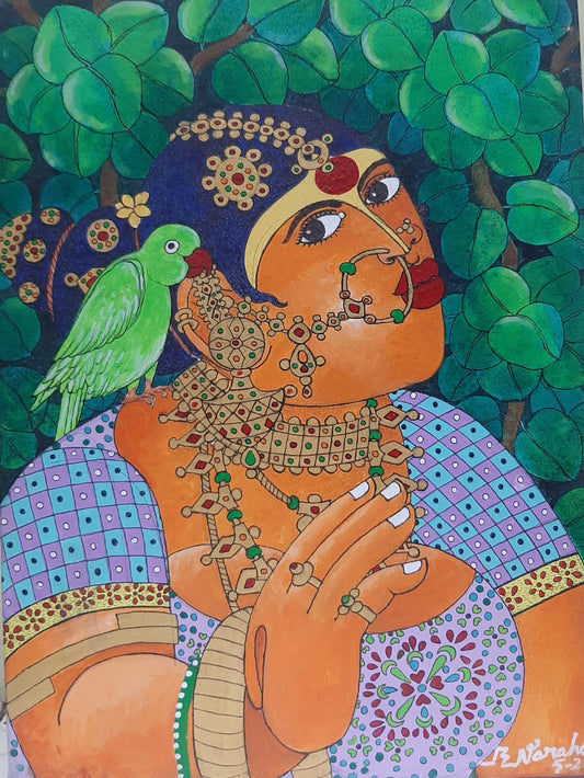 Contemporary Original Indian Art : Lady with Parot -1