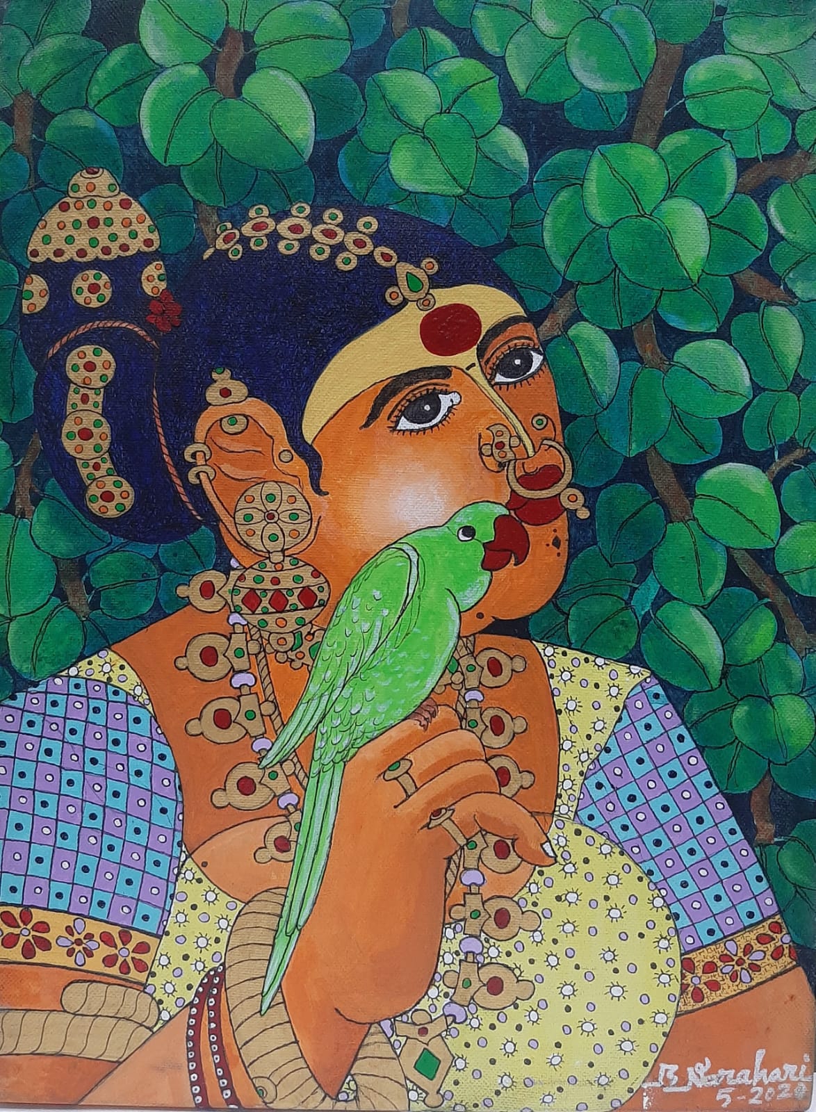 Contemporary Original Indian Art : Lady with Parot -3