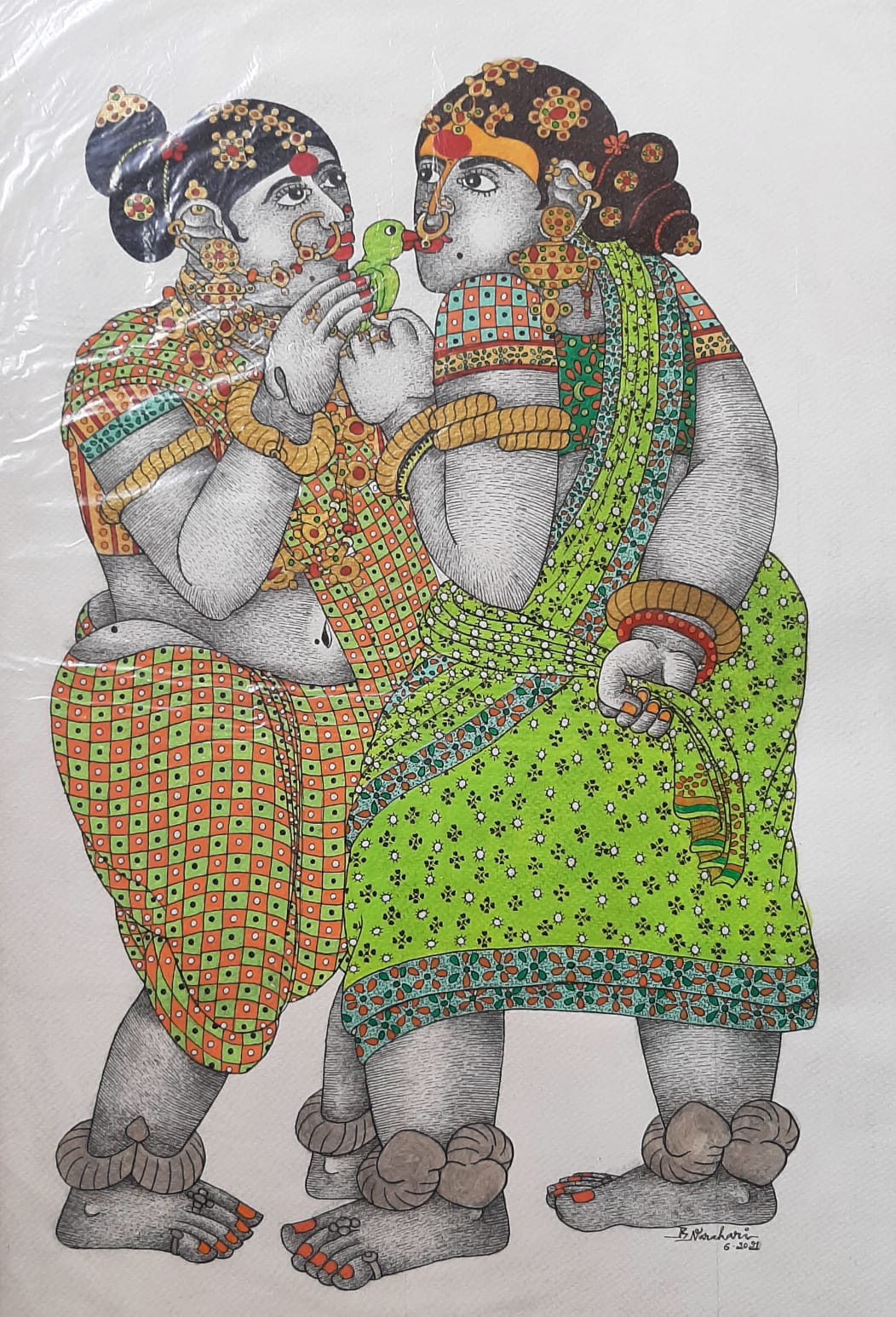 Contemporary Original Indian Art : Two ladies with Parrot