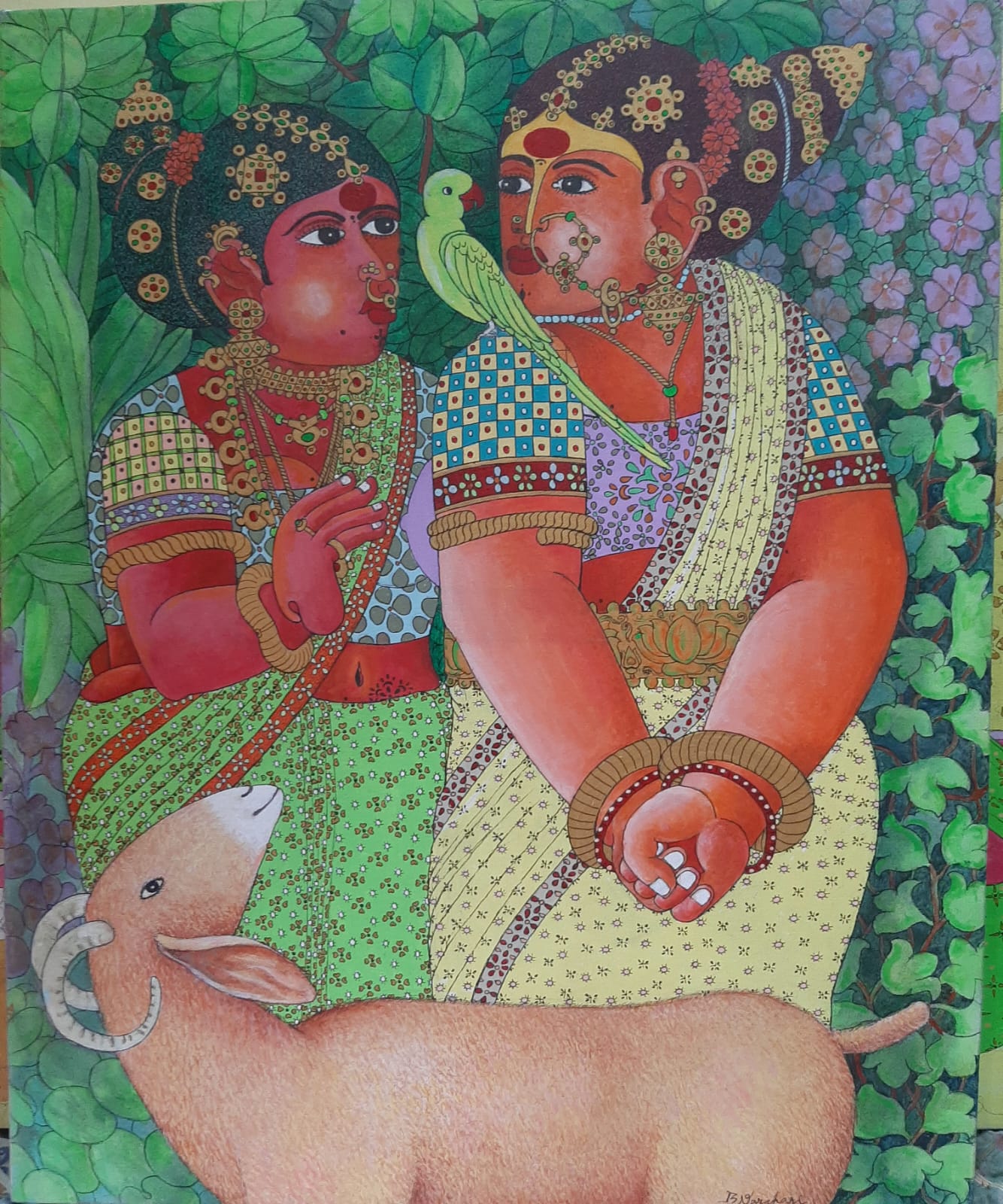 Contemporary Original Indian Art : Women with Goat and parrot