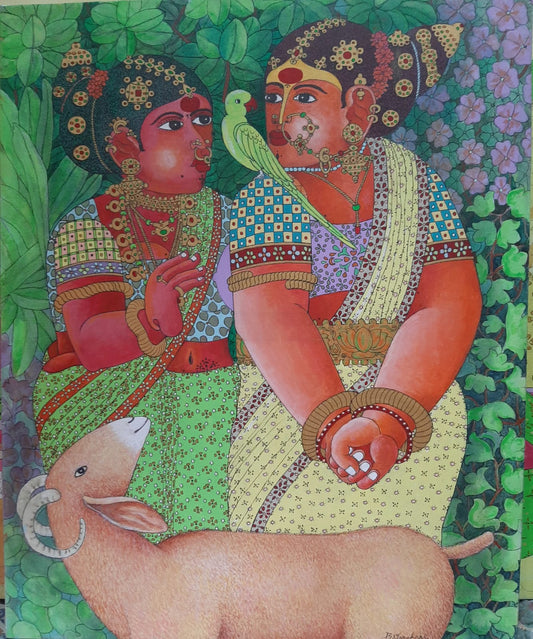 Contemporary Original Indian Art : Women with Goat and parrot